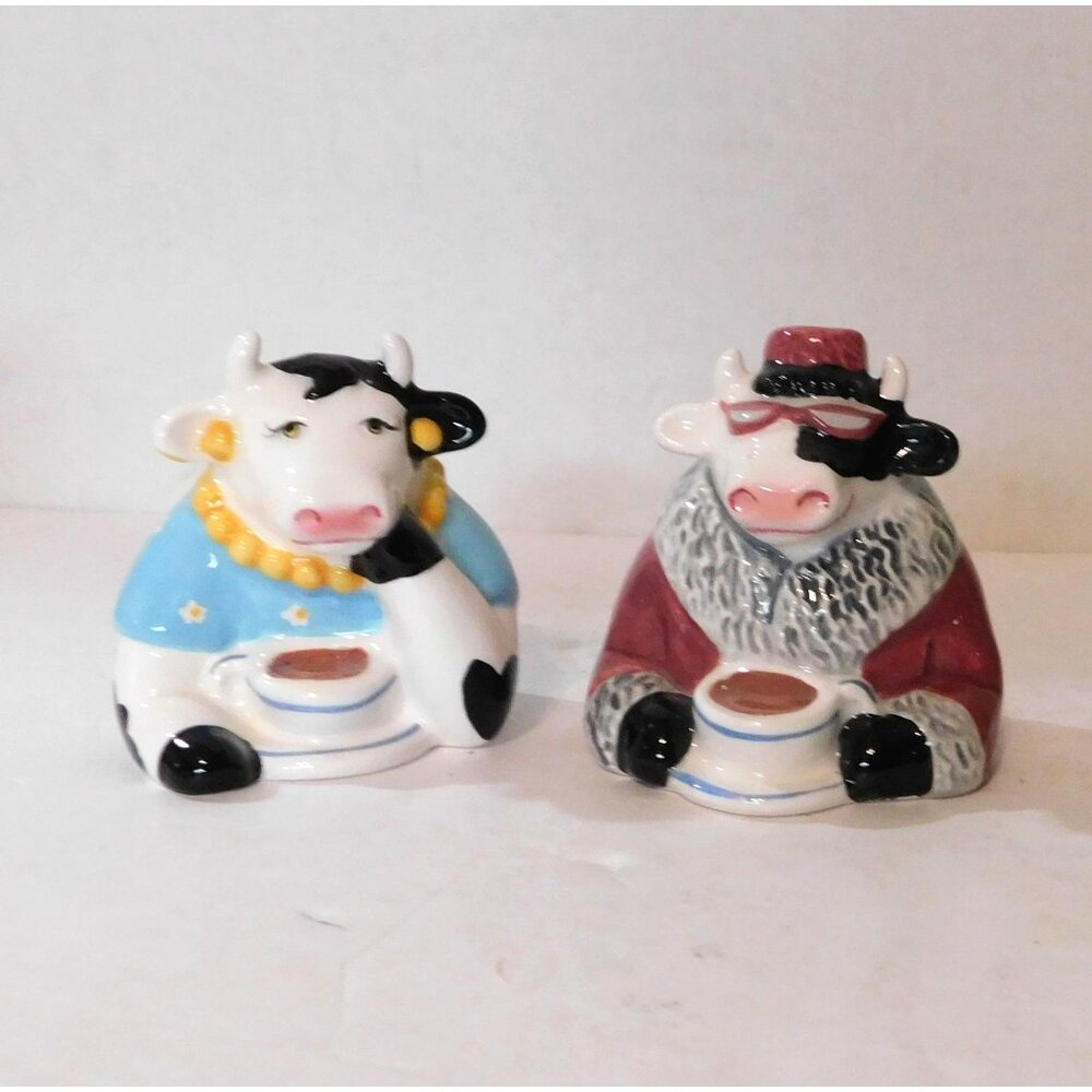Clay Art Coffee Counter Cow Salt & Pepper Shakers 7435 Vintage 1992 Ceramic - Picture 2 of 11